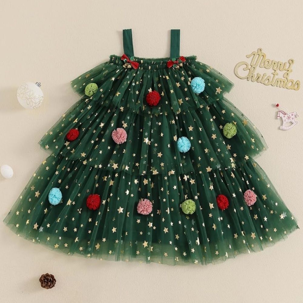 NEW NWOT Adorable Girls Layered Tulle Christmas Tree Dress with Metallic Stars
